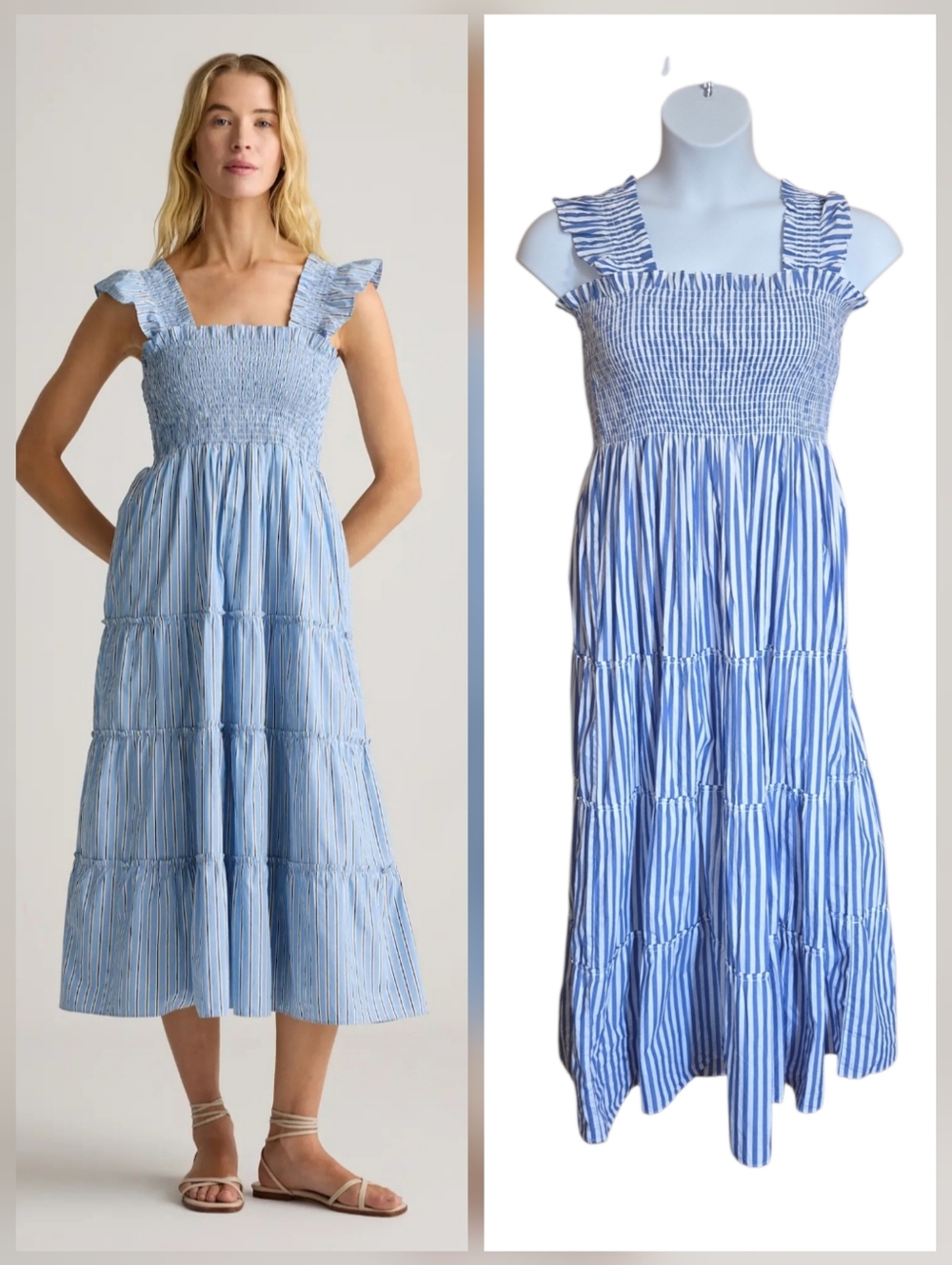 Quince Poplin Smocked Midi Dress XL Tribeca Stripe 100% Organic Cotton Blue Wht